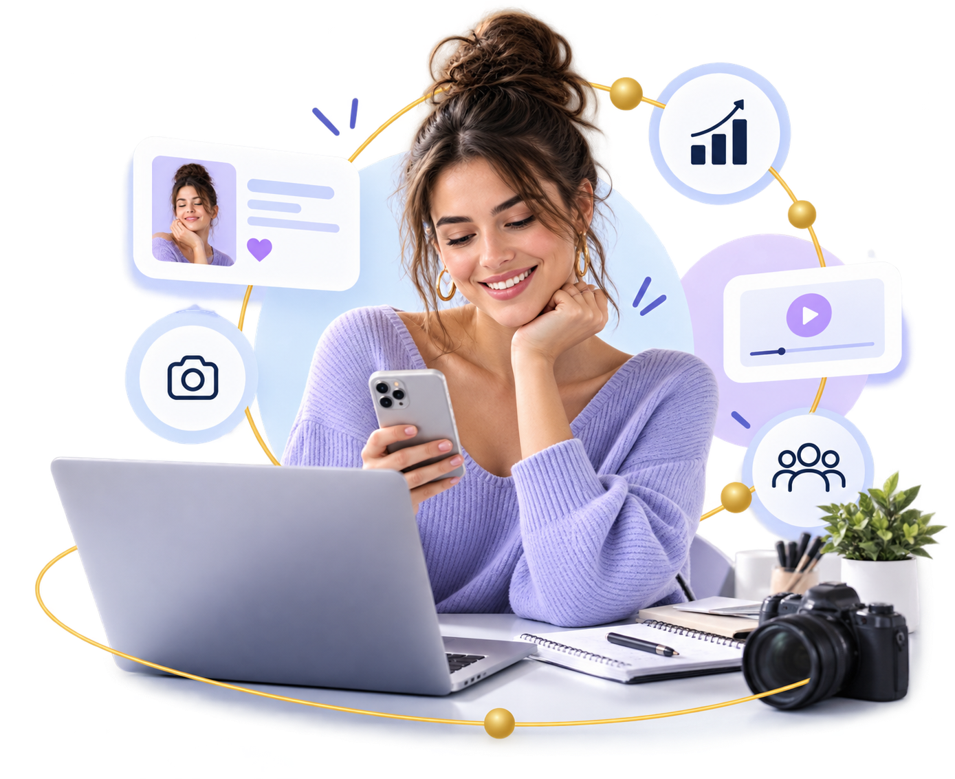 Digitale Creatorin arbeitet am Laptop, umgeben von Icons für Content, Reichweite und Community